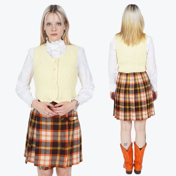 VINTAGE Wool Orange Tartan Plaid Pleated Preppy A-Line Mini Skirt - Picture 3 of 3